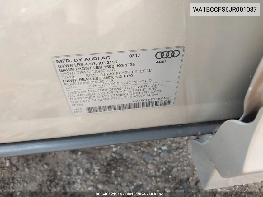 WA1BCCFS6JR001087 2018 Audi Q3 2.0T Premium