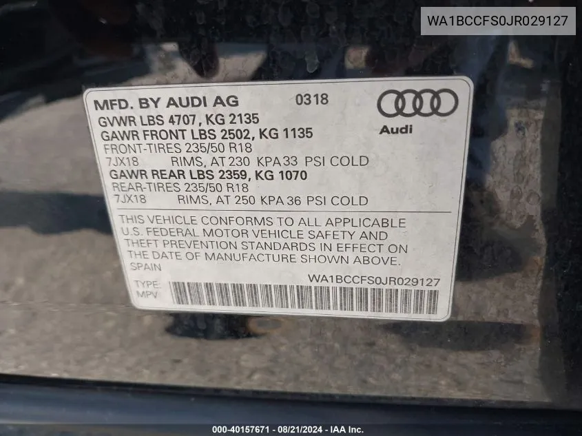 2018 Audi Q3 Premium VIN: WA1BCCFS0JR029127 Lot: 40157671