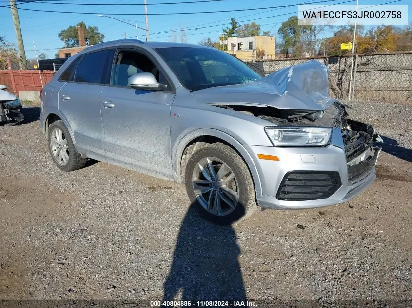 2018 Audi Q3 2.0T Premium/2.0T Sport Premium VIN: WA1ECCFS3JR002758 Lot: 40804886