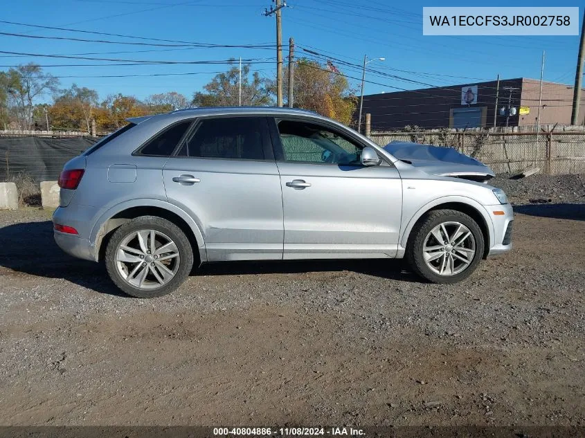 2018 Audi Q3 2.0T Premium/2.0T Sport Premium VIN: WA1ECCFS3JR002758 Lot: 40804886