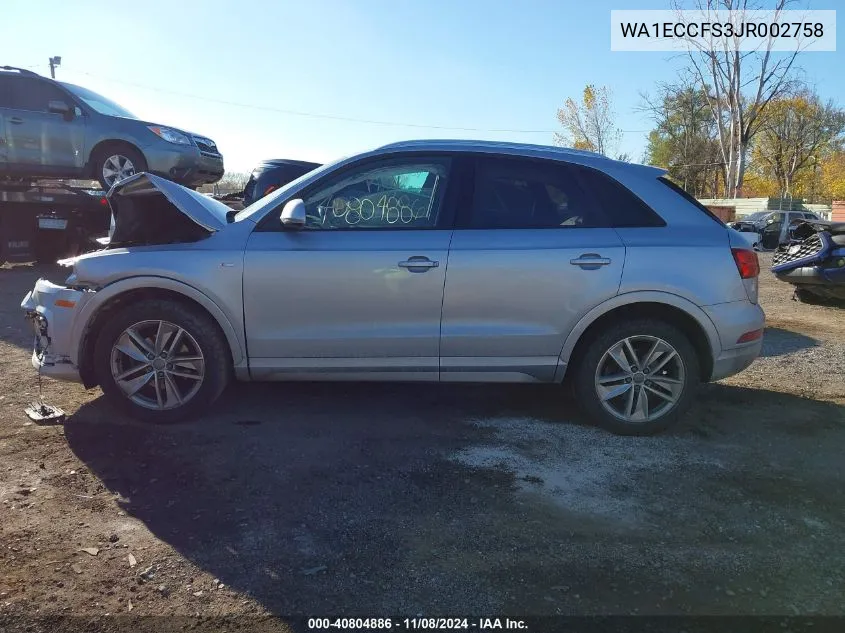 2018 Audi Q3 2.0T Premium/2.0T Sport Premium VIN: WA1ECCFS3JR002758 Lot: 40804886