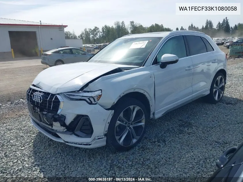 2019 Audi Q3 2.0T S Line Premium VIN: WA1FECF33K1080058 Lot: 39635197