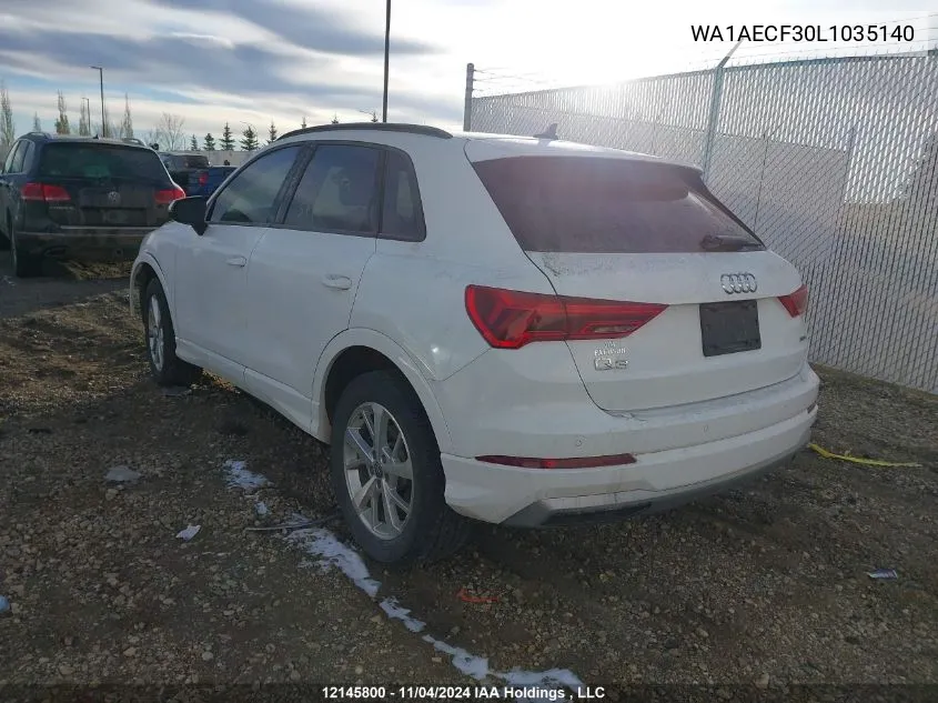 2020 Audi Q3 VIN: WA1AECF30L1035140 Lot: 12145800