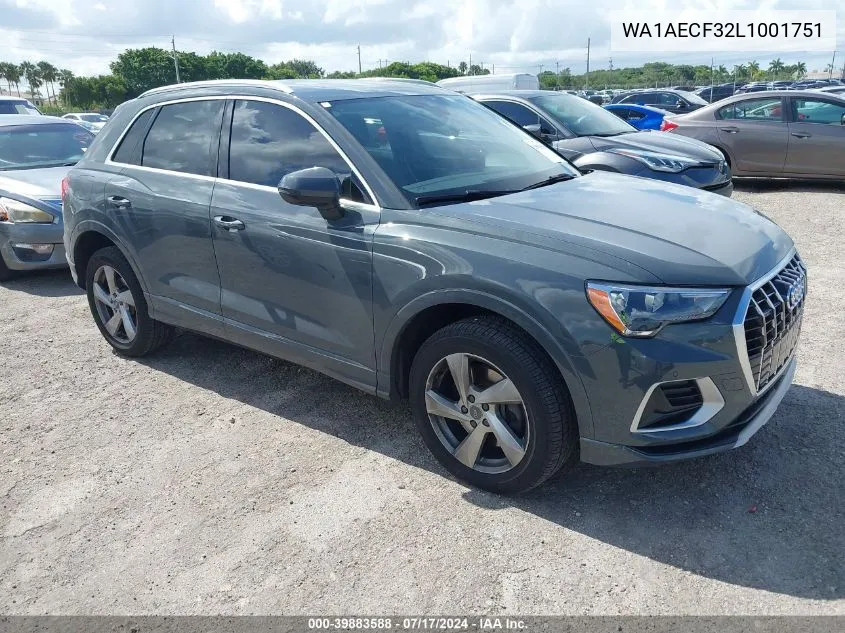 2020 Audi Q3 Premium 45 Tfsi Quattro Tiptronic VIN: WA1AECF32L1001751 Lot: 39883588