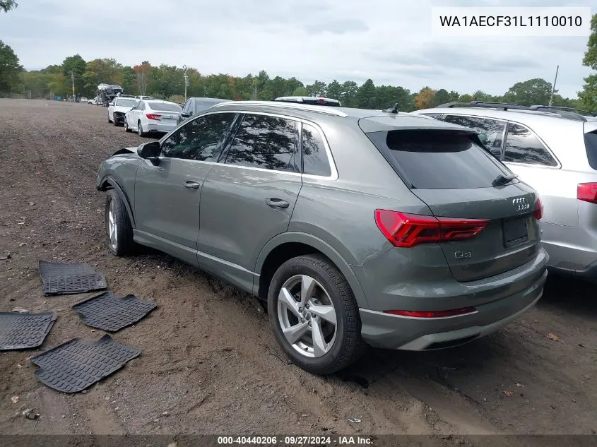 2020 Audi Q3 Premium 45 Tfsi Quattro Tiptronic VIN: WA1AECF31L1110010 Lot: 40440206