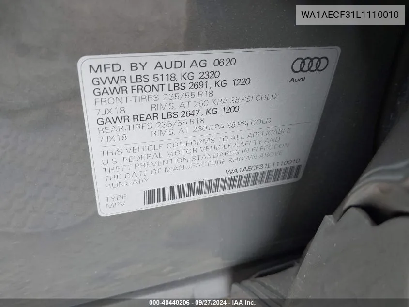 WA1AECF31L1110010 2020 Audi Q3 Premium 45 Tfsi Quattro Tiptronic