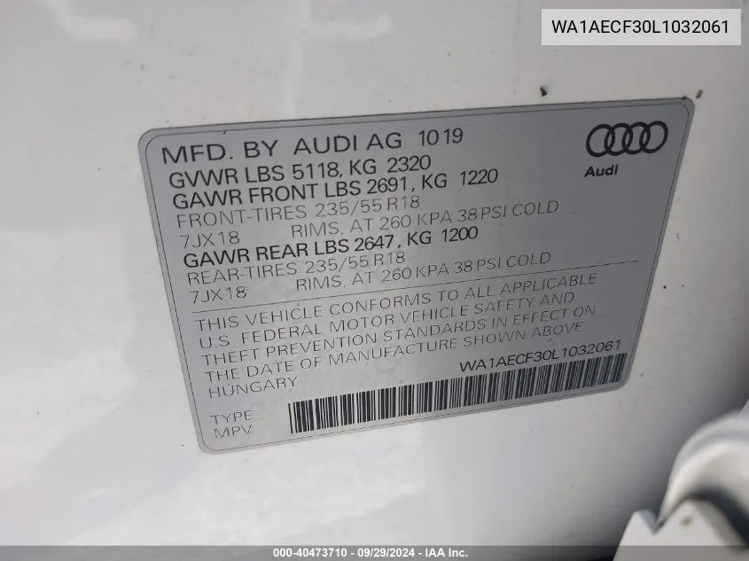 2020 Audi Q3 Premium VIN: WA1AECF30L1032061 Lot: 40473710