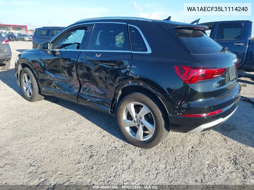 2020 Audi Q3 Premium 45 Tfsi Quattro Tiptronic VIN: WA1AECF35L1114240 Lot: 40491356