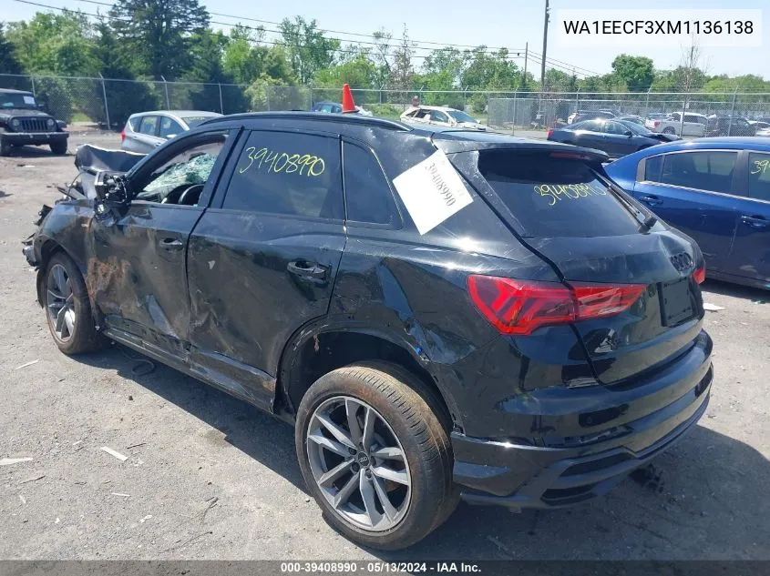 2021 Audi Q3 Premium Plus 45 Tfsi S Line Quattro Tiptronic VIN: WA1EECF3XM1136138 Lot: 39408990