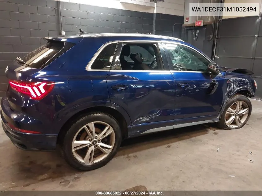 2021 Audi Q3 Premium 45 Tfsi S Line Quattro Tiptronic VIN: WA1DECF31M1052494 Lot: 39685022