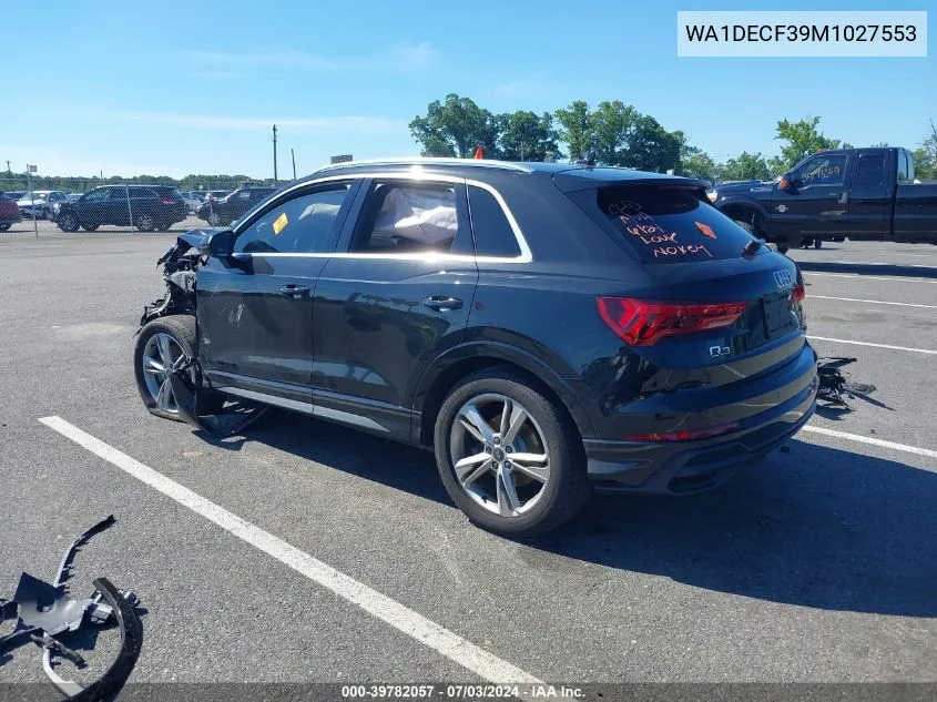 2021 Audi Q3 Premium 45 Tfsi S Line Quattro Tiptronic VIN: WA1DECF39M1027553 Lot: 39782057