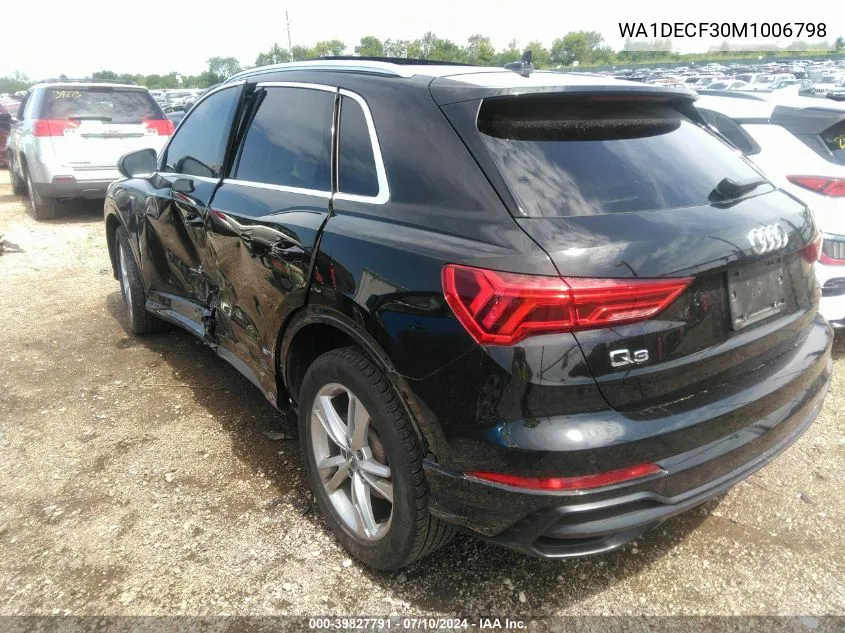 2021 Audi Q3 Premium 45 Tfsi S Line Quattro Tiptronic VIN: WA1DECF30M1006798 Lot: 39827791