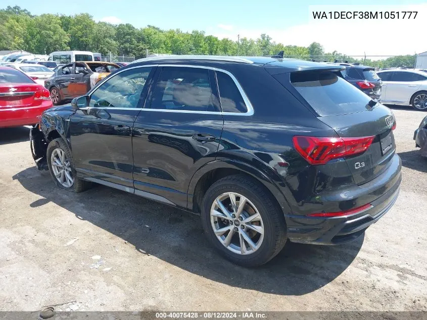 2021 Audi Q3 Premium 45 Tfsi S Line Quattro Tiptronic VIN: WA1DECF38M1051777 Lot: 40075428