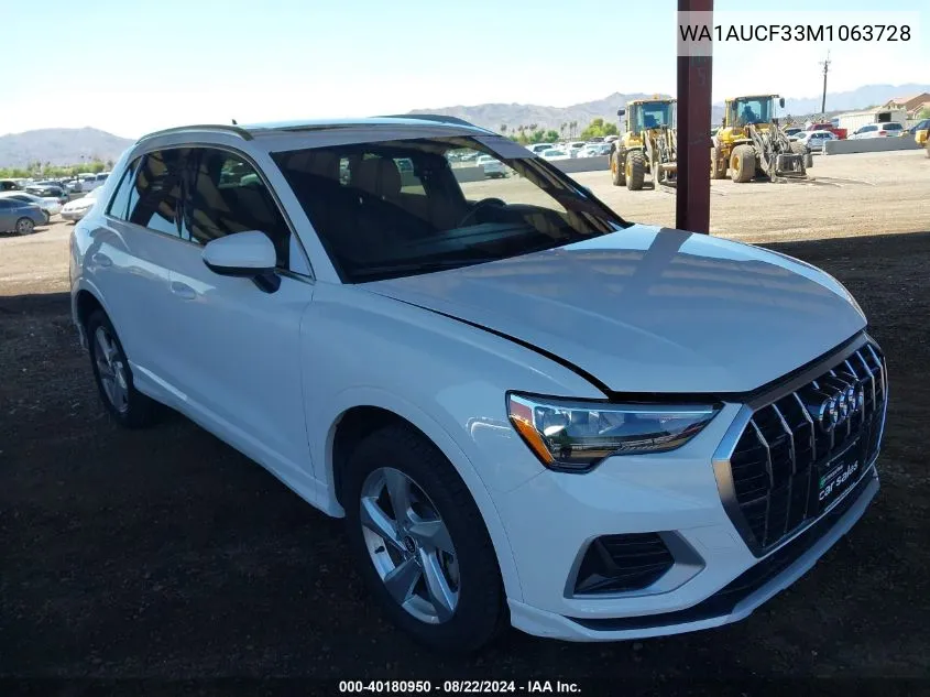 2021 Audi Q3 Premium 40 Tfsi Quattro Tiptronic VIN: WA1AUCF33M1063728 Lot: 40180950