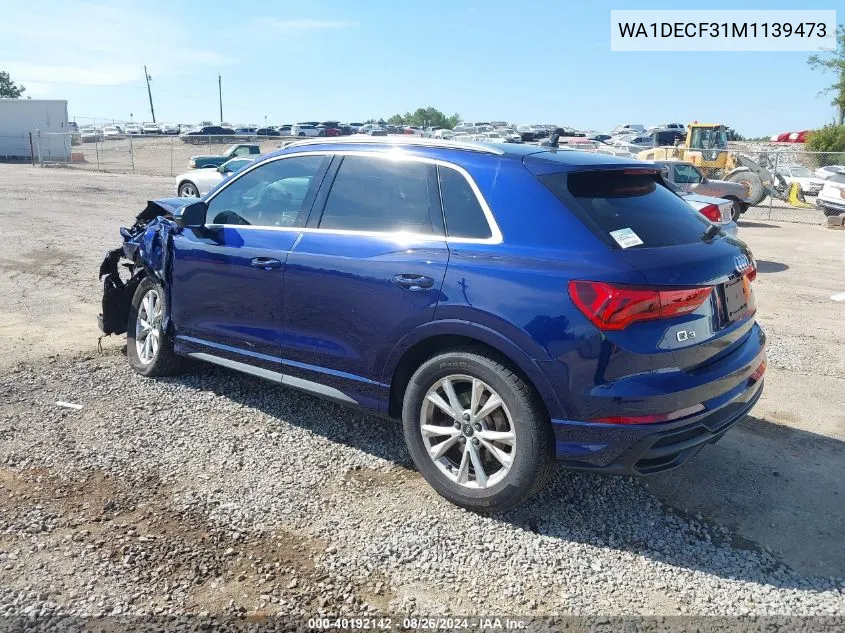 2021 Audi Q3 Premium 45 Tfsi S Line Quattro Tiptronic VIN: WA1DECF31M1139473 Lot: 40192142