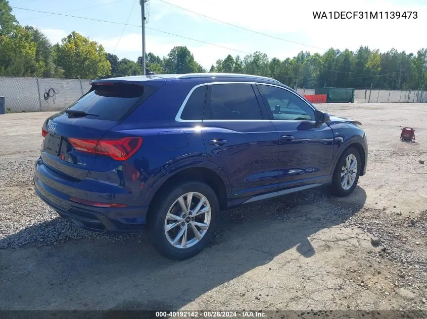 2021 Audi Q3 Premium 45 Tfsi S Line Quattro Tiptronic VIN: WA1DECF31M1139473 Lot: 40192142