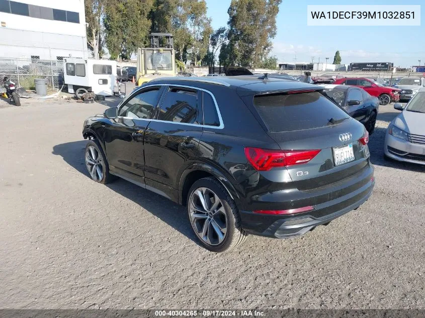 2021 Audi Q3 Premium 45 Tfsi S Line Quattro Tiptronic VIN: WA1DECF39M1032851 Lot: 40304265