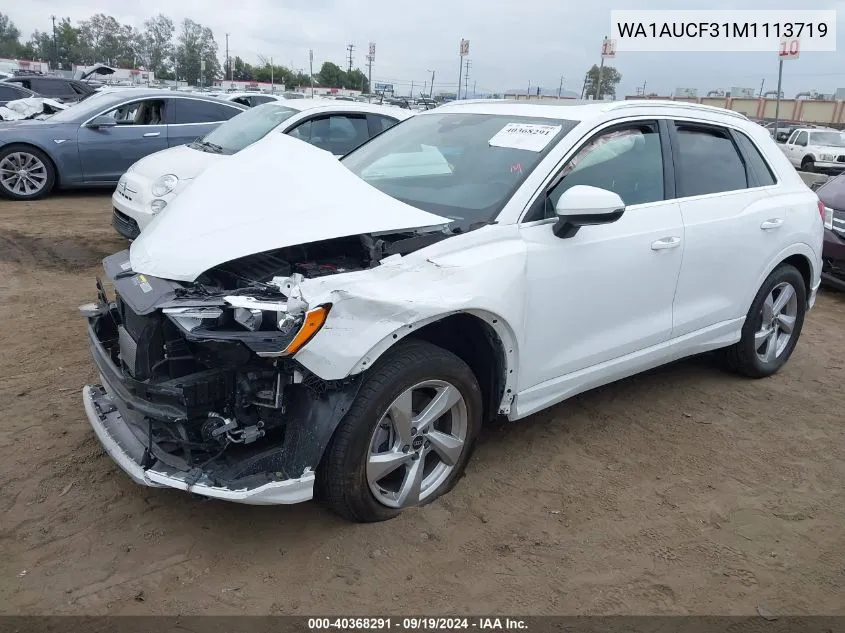 2021 Audi Q3 Premium 40 Tfsi Quattro Tiptronic VIN: WA1AUCF31M1113719 Lot: 40368291