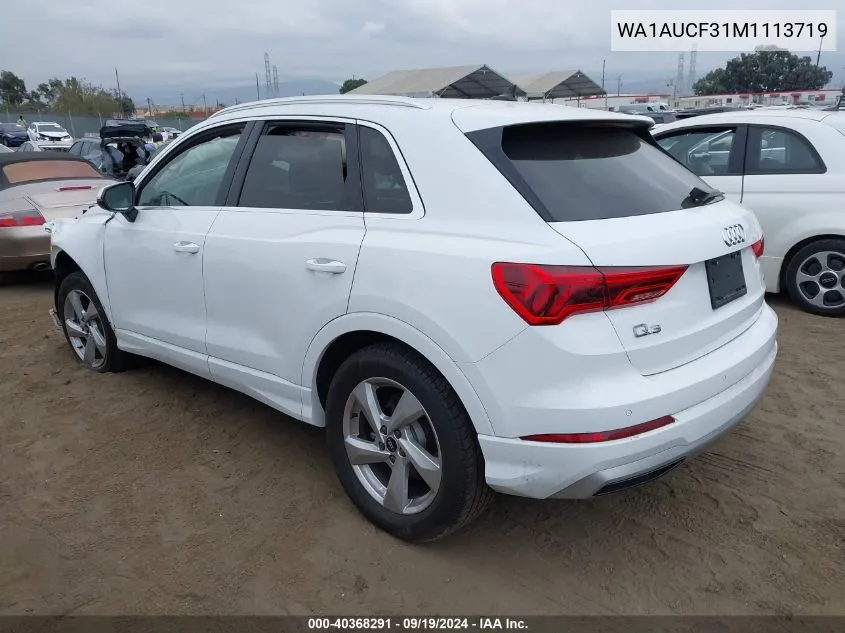 2021 Audi Q3 Premium 40 Tfsi Quattro Tiptronic VIN: WA1AUCF31M1113719 Lot: 40368291