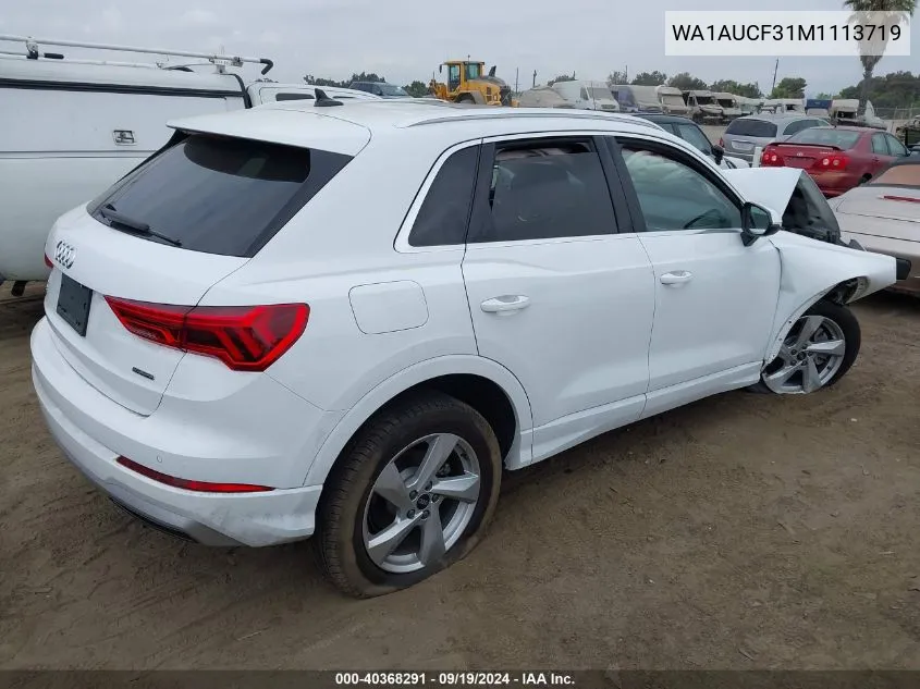 2021 Audi Q3 Premium 40 Tfsi Quattro Tiptronic VIN: WA1AUCF31M1113719 Lot: 40368291