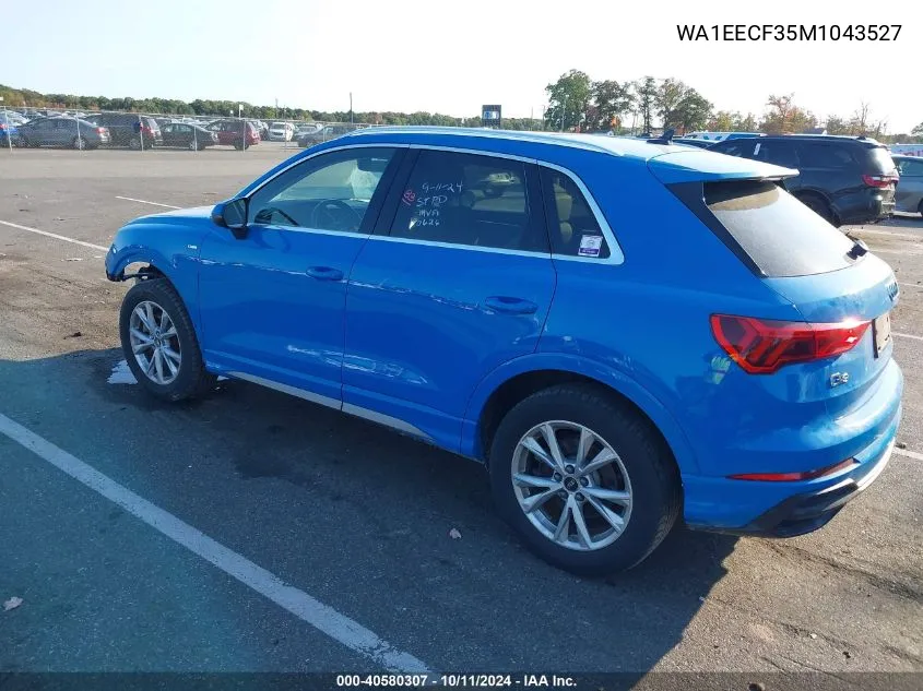 2021 Audi Q3 Premium Plus 45 Tfsi S Line Quattro Tiptronic VIN: WA1EECF35M1043527 Lot: 40580307