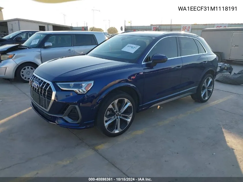 2021 Audi Q3 Premium Plus 45 Tfsi S Line Quattro Tiptronic VIN: WA1EECF31M1118191 Lot: 40598361