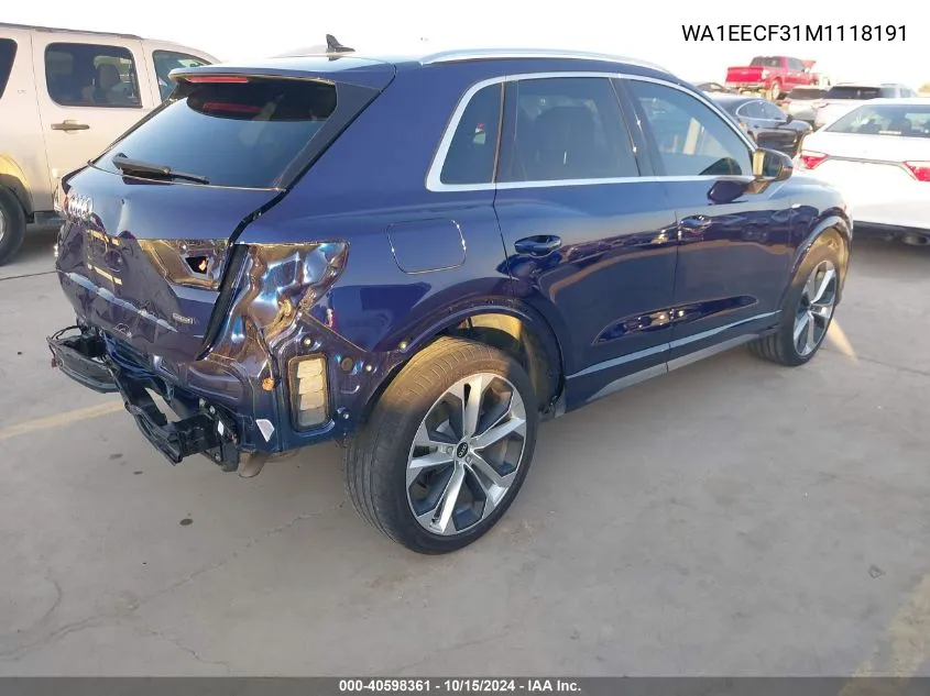 2021 Audi Q3 Premium Plus 45 Tfsi S Line Quattro Tiptronic VIN: WA1EECF31M1118191 Lot: 40598361