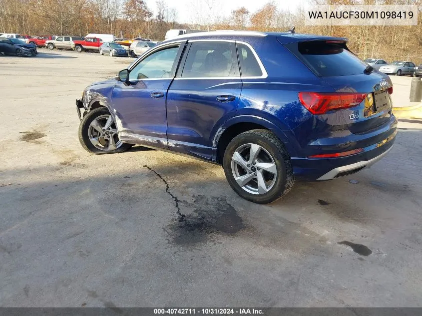 2021 Audi Q3 Premium 40 Tfsi Quattro Tiptronic VIN: WA1AUCF30M1098419 Lot: 40742711