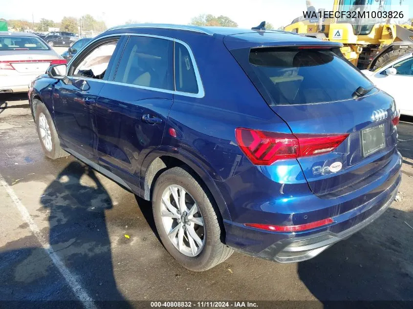 2021 Audi Q3 Premium Plus 45 Tfsi S Line Quattro Tiptronic VIN: WA1EECF32M1003826 Lot: 40808832