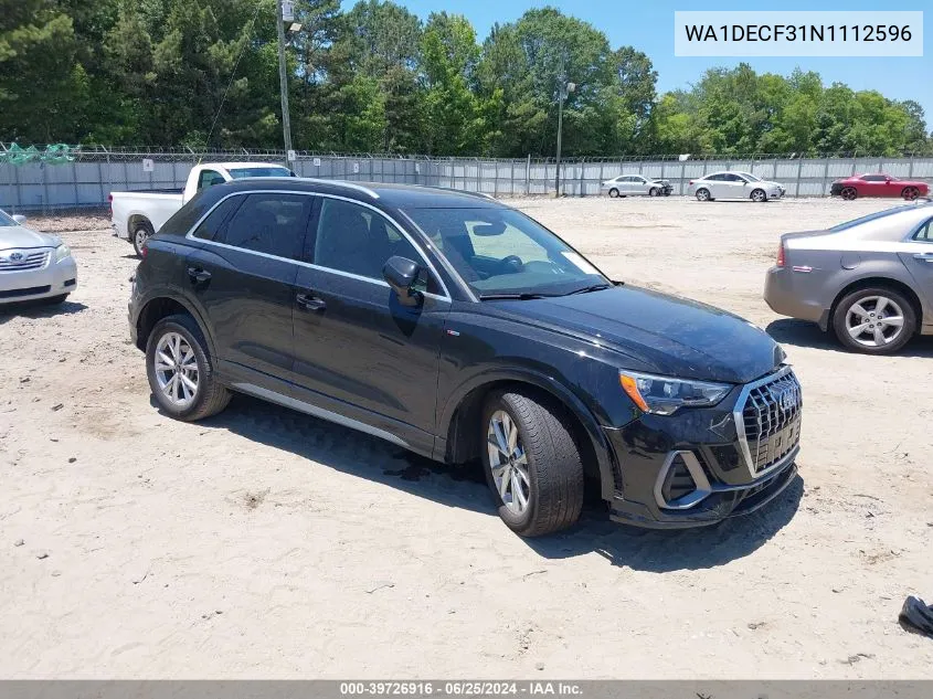 2022 Audi Q3 Premium 45 Tfsi S Line Quattro Tiptronic VIN: WA1DECF31N1112596 Lot: 39726916