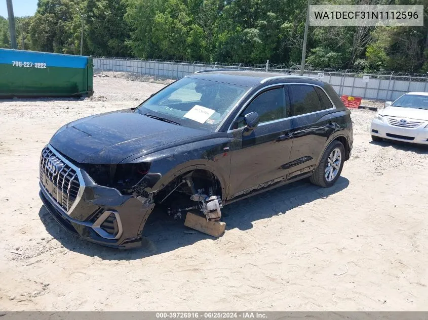 2022 Audi Q3 Premium 45 Tfsi S Line Quattro Tiptronic VIN: WA1DECF31N1112596 Lot: 39726916