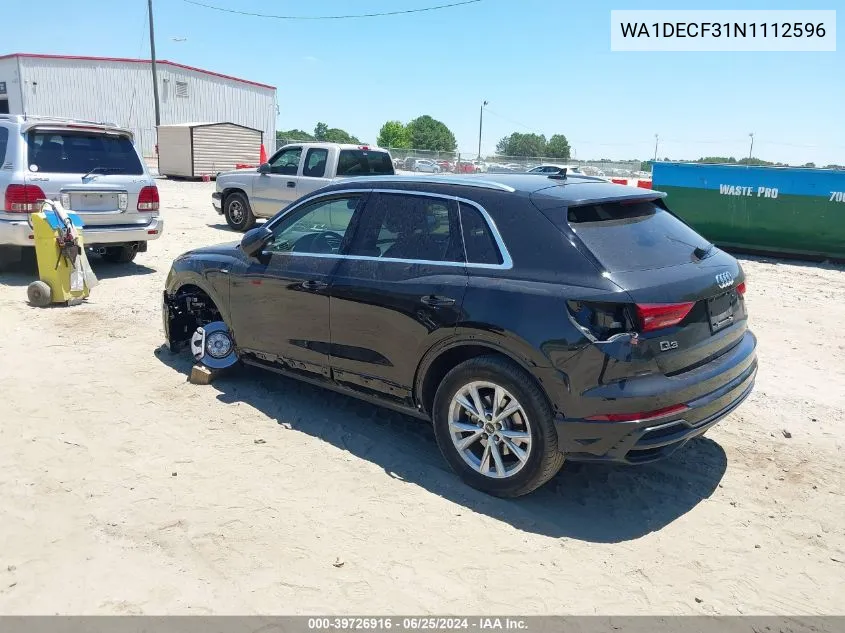 2022 Audi Q3 Premium 45 Tfsi S Line Quattro Tiptronic VIN: WA1DECF31N1112596 Lot: 39726916