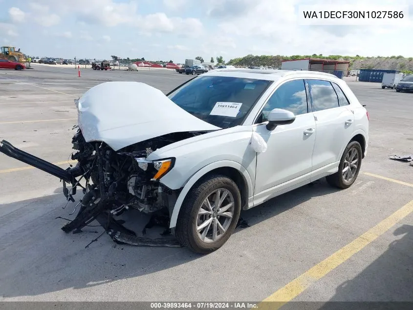 2022 Audi Q3 Premium 45 Tfsi S Line Quattro Tiptronic VIN: WA1DECF30N1027586 Lot: 39893464