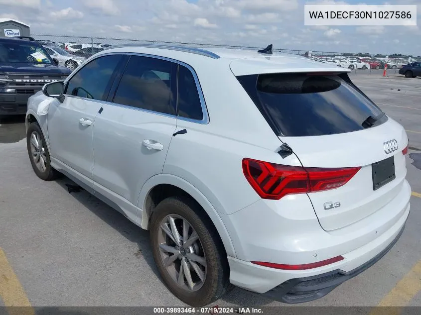 2022 Audi Q3 Premium 45 Tfsi S Line Quattro Tiptronic VIN: WA1DECF30N1027586 Lot: 39893464