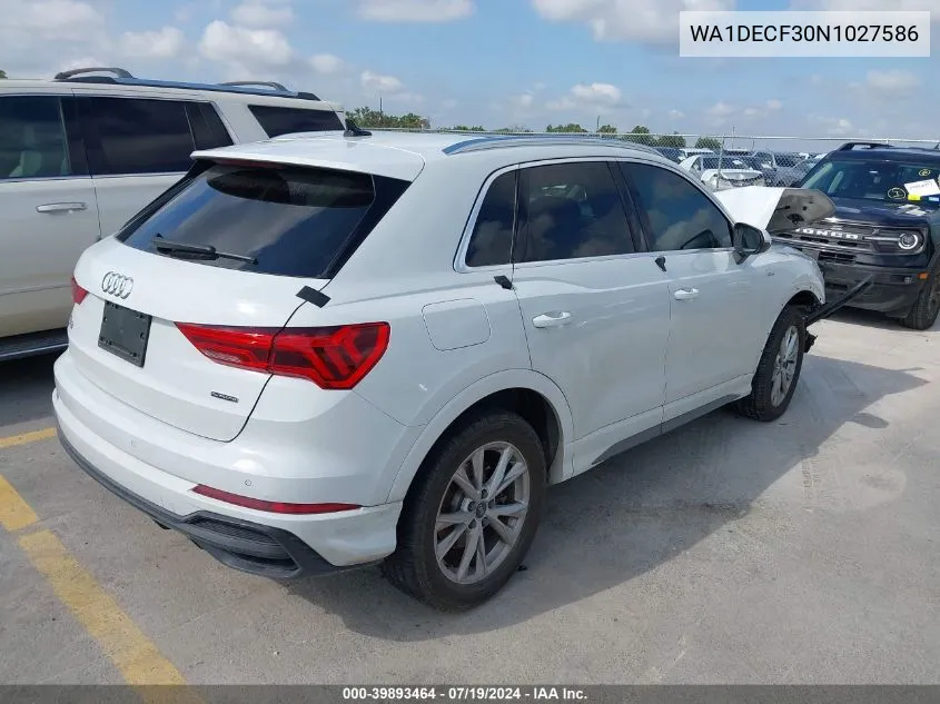 2022 Audi Q3 Premium 45 Tfsi S Line Quattro Tiptronic VIN: WA1DECF30N1027586 Lot: 39893464