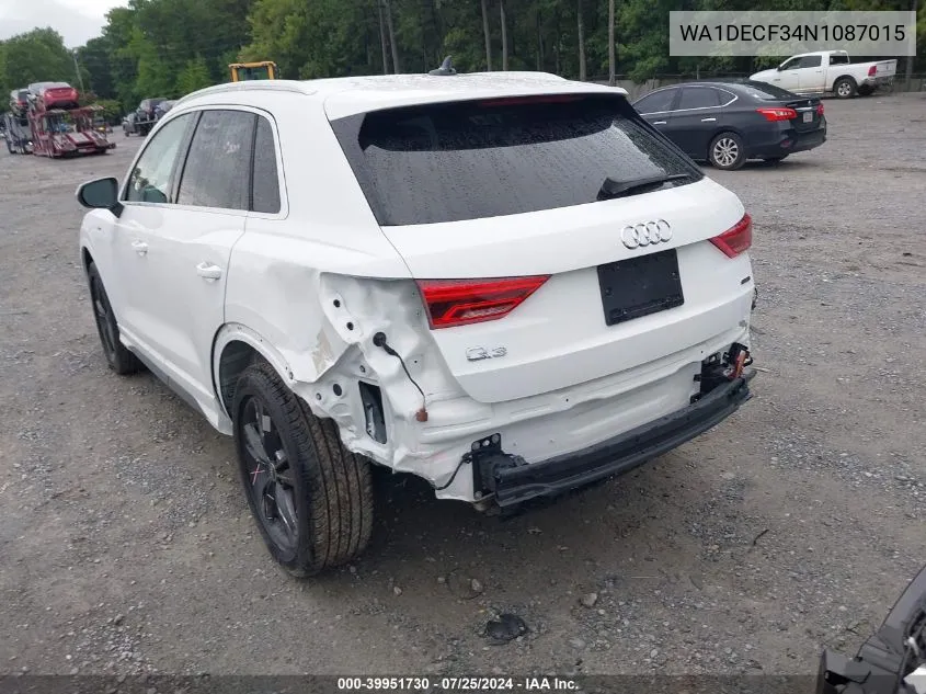 2022 Audi Q3 Premium 45 Tfsi S Line Quattro Tiptronic VIN: WA1DECF34N1087015 Lot: 39951730