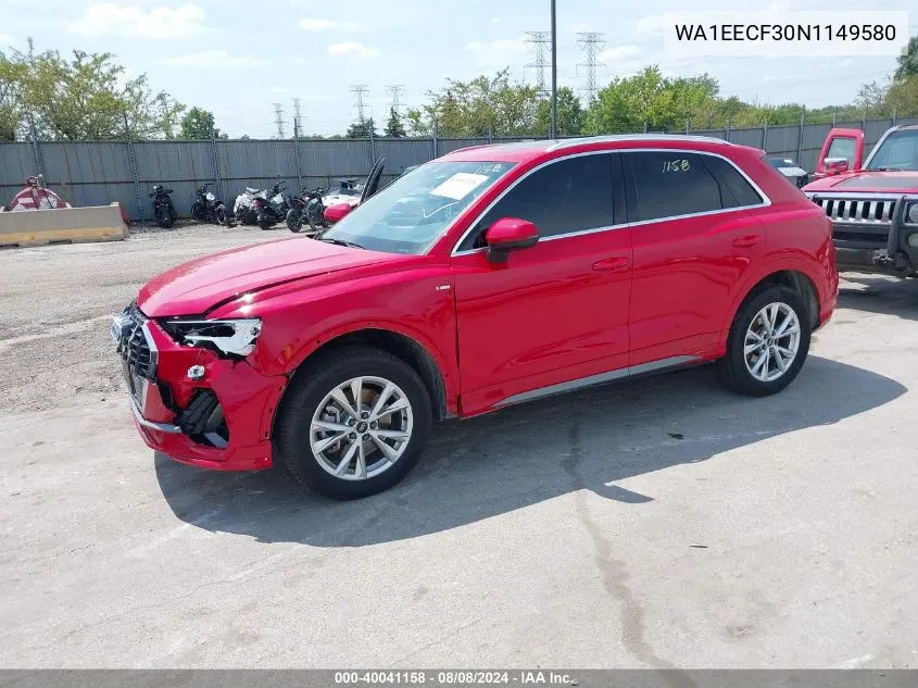 2022 Audi Q3 Premium Plus 45 Tfsi S Line Quattro Tiptronic VIN: WA1EECF30N1149580 Lot: 40041158