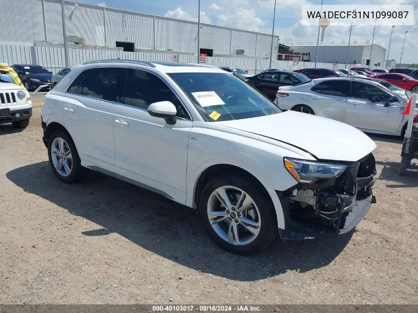 2022 Audi Q3 Premium 45 Tfsi S Line Quattro Tiptronic VIN: WA1DECF31N1099087 Lot: 40103017