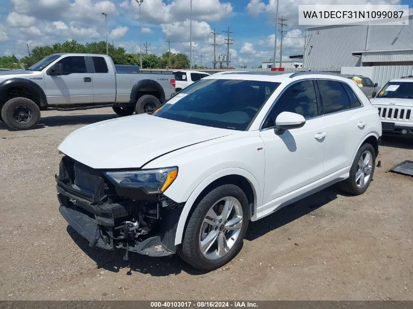 2022 Audi Q3 Premium 45 Tfsi S Line Quattro Tiptronic VIN: WA1DECF31N1099087 Lot: 40103017