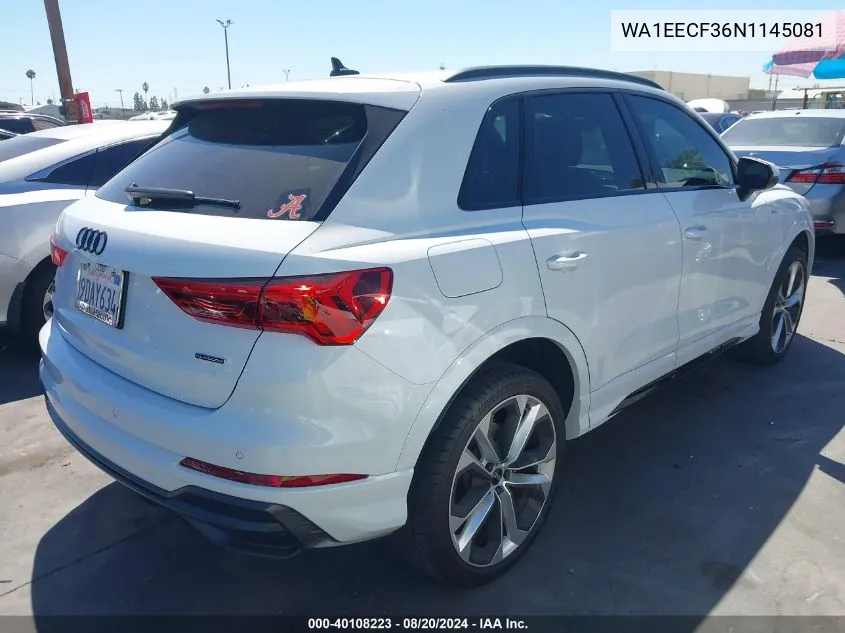 2022 Audi Q3 Premium Plus 45 Tfsi S Line Quattro Tiptronic VIN: WA1EECF36N1145081 Lot: 40108223