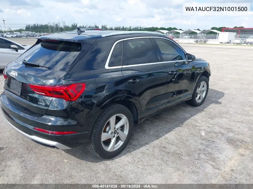 2022 Audi Q3 Premium 40 Tfsi Quattro Tiptronic VIN: WA1AUCF32N1001500 Lot: 40141026