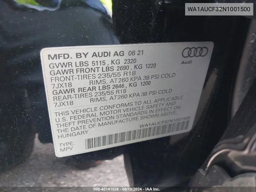 WA1AUCF32N1001500 2022 Audi Q3 Premium 40 Tfsi Quattro Tiptronic