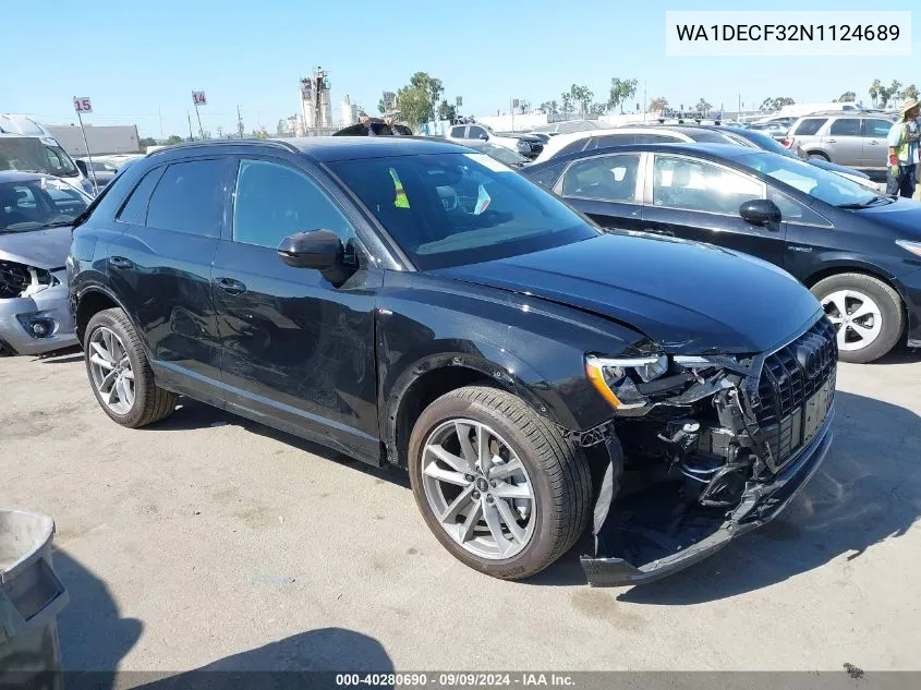 2022 Audi Q3 Premium 45 Tfsi S Line Quattro Tiptronic VIN: WA1DECF32N1124689 Lot: 40280690