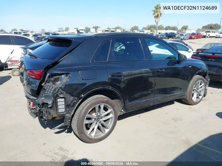 2022 Audi Q3 Premium 45 Tfsi S Line Quattro Tiptronic VIN: WA1DECF32N1124689 Lot: 40280690