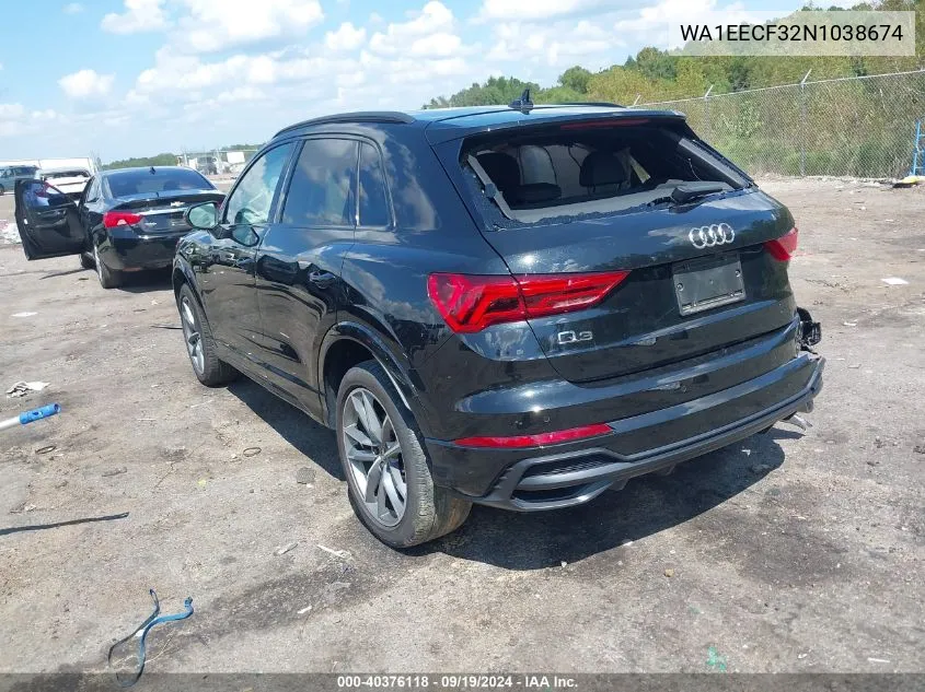 2022 Audi Q3 Premium Plus 45 Tfsi S Line Quattro Tiptronic VIN: WA1EECF32N1038674 Lot: 40376118