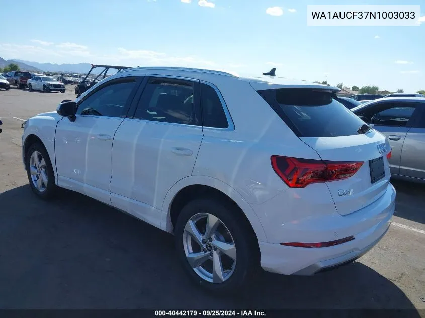 2022 Audi Q3 Premium 40 Tfsi Quattro Tiptronic VIN: WA1AUCF37N1003033 Lot: 40442179