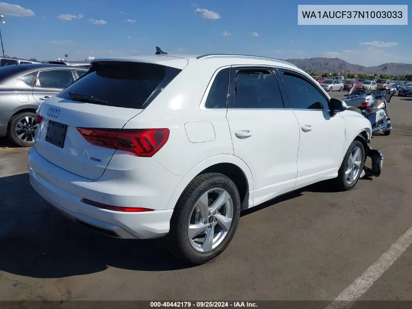 2022 Audi Q3 Premium 40 Tfsi Quattro Tiptronic VIN: WA1AUCF37N1003033 Lot: 40442179