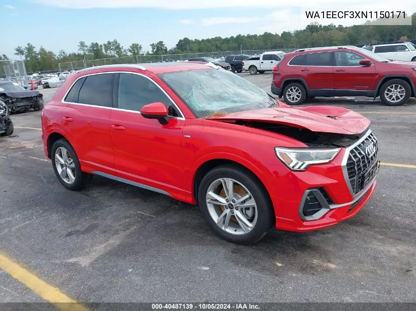 2022 Audi Q3 Premium Plus 45 Tfsi S Line Quattro Tiptronic VIN: WA1EECF3XN1150171 Lot: 40487139