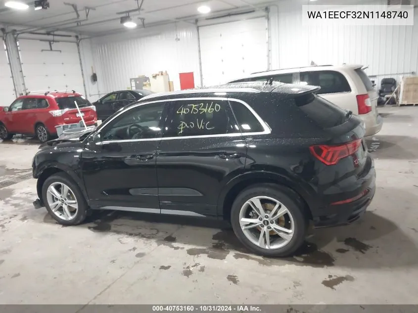 2022 Audi Q3 Premium Plus 45 Tfsi S Line Quattro Tiptronic VIN: WA1EECF32N1148740 Lot: 40753160