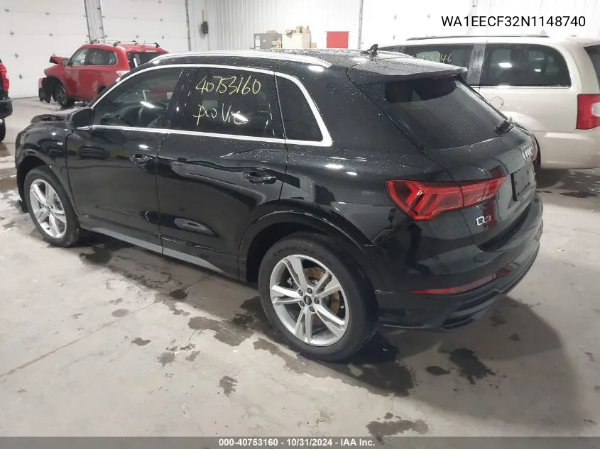 2022 Audi Q3 Premium Plus 45 Tfsi S Line Quattro Tiptronic VIN: WA1EECF32N1148740 Lot: 40753160